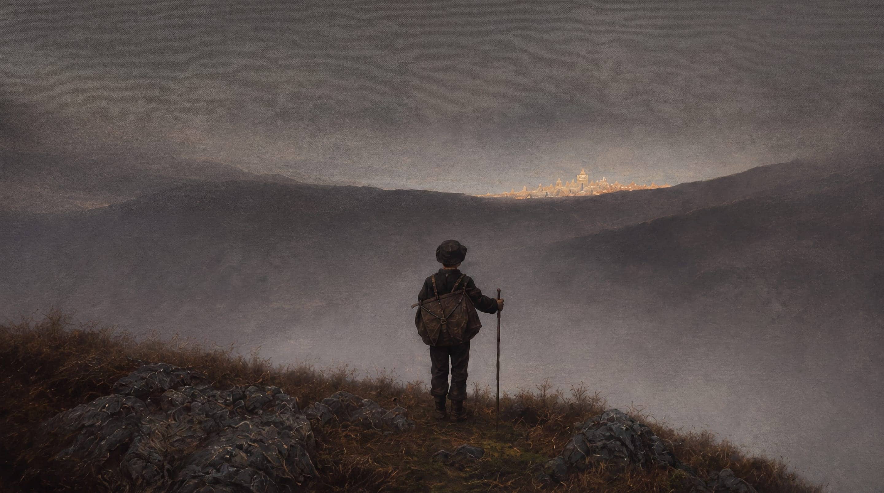 Maleri: en gutt med skreppe og vandringsstav står på en fjellrygg og ser utover en tåkedal, mot en liten gyllen by som lyser på åsen i det fjerne.
